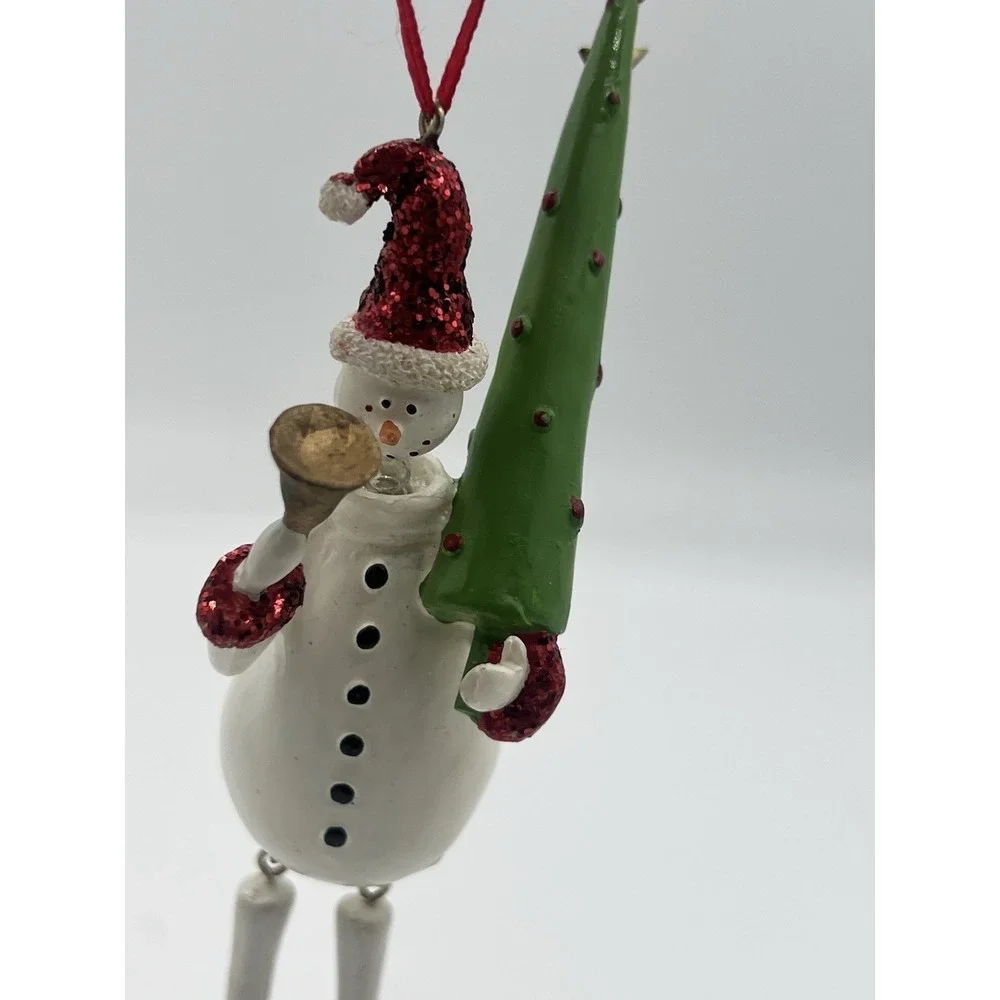 Dancing Snowman Ornament Holding Christmas Tree & Bell Red Glitter 8